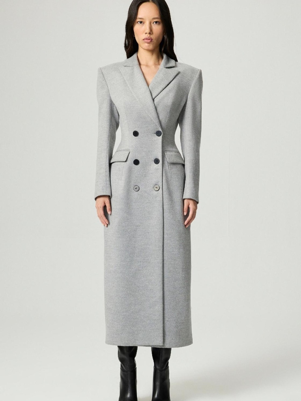 Tailored Long Double-Breasted Trench Coat in Light Gray